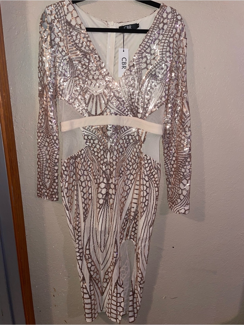 CBR Rose Gold Sequin Long Sleeve Mesh Panel Dress